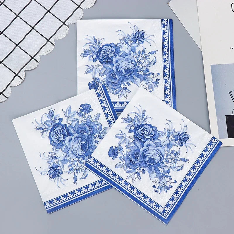 20pcs Blue Printed 2-Ply Paper Napkins Party & Wedding Use